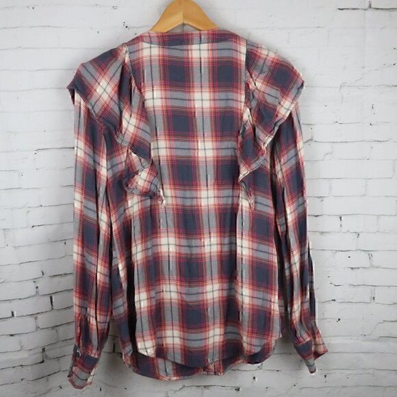 MOSSIMO SUPPLY COMPANY RED BLUE PLAID V NECK RUFFLE LONG SLEEVE BUTTON DOWN TOP - Picture 8 of 9